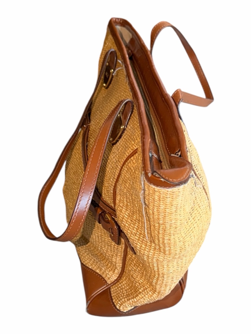 Lauren Ralph Lauren Straw Woven Tote Bag Brown Leather Trim Gold RL Logo Preowne - Picture 4 of 11